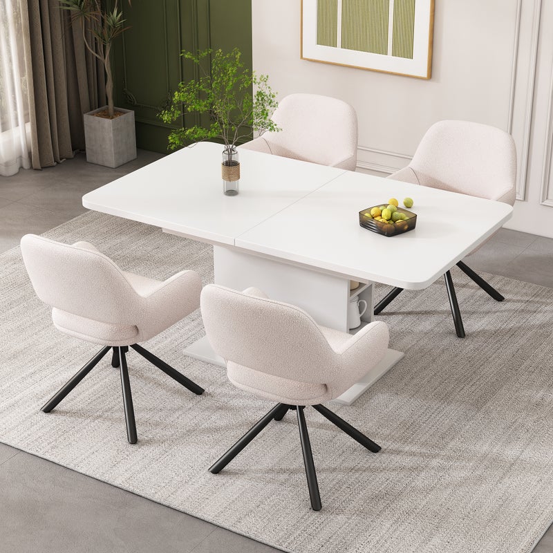 Zestaw 4 obrotowych krzeseł do jadalni z podłokietnikami - 60 x 60 x 80 cm - tkanina Sherpa - nogi metalowe - białe