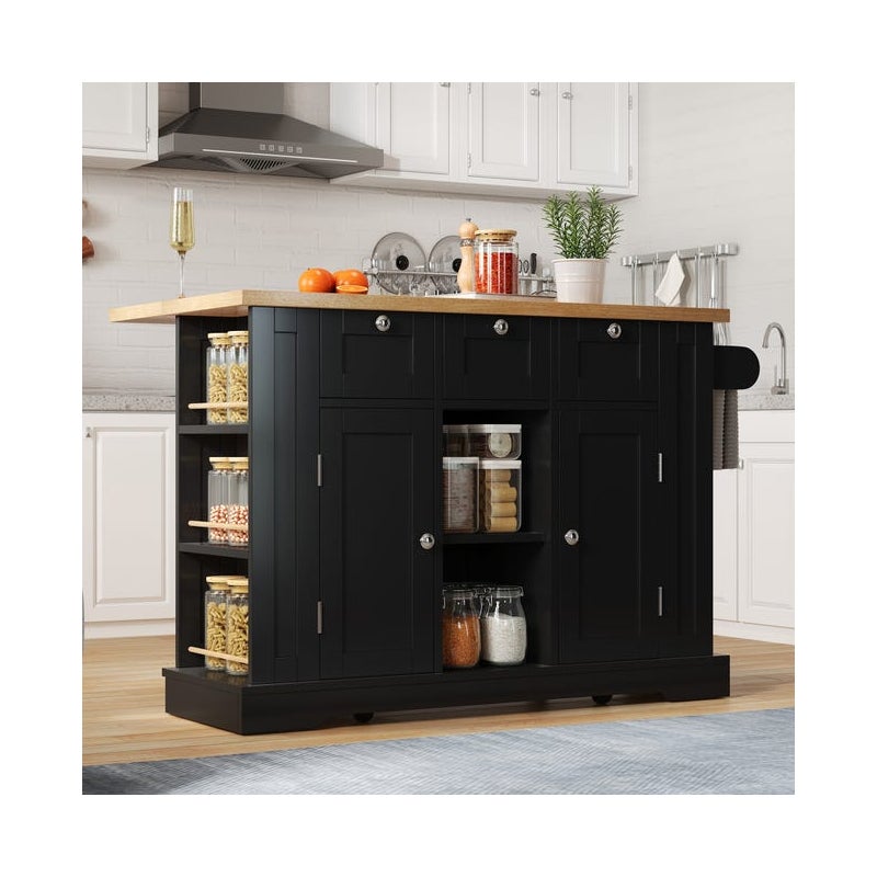 Mobilny stół kuchenny o szerokości 132 cm, składany blat, wielofunkcyjna przestrzeń do przechowywania, kółka i wbudowane gniazdko elektryczne