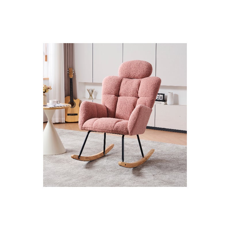 Fotel bujany z miękkiej tkaniny Teddy, pikowany, z piankowym oparciem, drewnianą ramą i czarną metalową podstawą, różowy, do salonu i sypialni