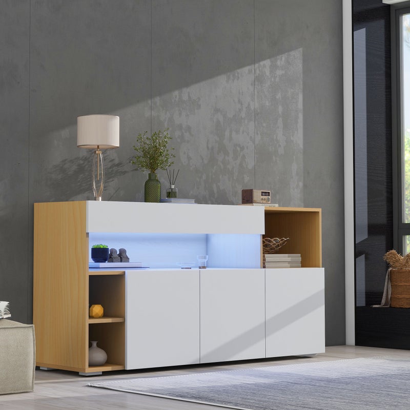 Nowoczesna komoda 140 cm z oświetleniem LED RGB, wielofunkcyjna szafka do przechowywania, elegancka komoda do salonu, kuchni i sypialni – biel i dąb