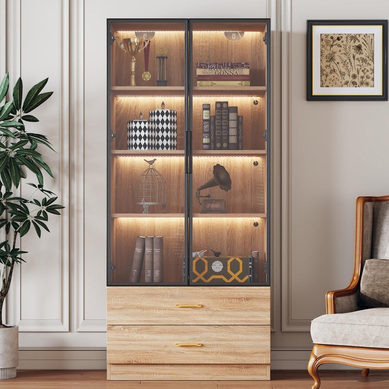 Nowoczesna szafka łazienkowa z oświetleniem LED, 75 cm szerokości, 2 szuflady i 2 szklane drzwi, kompaktowa i praktyczna konstrukcja