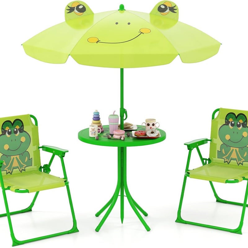 Zestaw Ogrodowy dla Dzieci, 4 Elementy, Stół Piknikowy dla Dzieci z 2 Składanymi Krzesełkami, Parasol z Regulowaną Wysokością (Żaba Niebiesko-Zielona)
