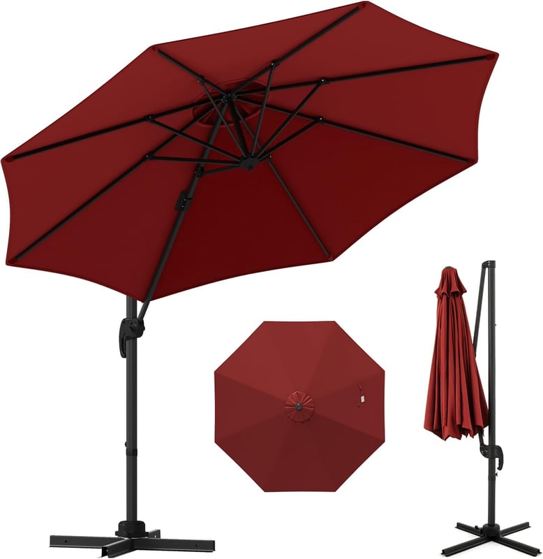 Parasol Sportowy 3x3 m, Parasol Ogrodowy Obracany o 360°, z Aluminiowym Słupkiem, 5 Regulowanych Kątów Nachylenia (Czerwony)