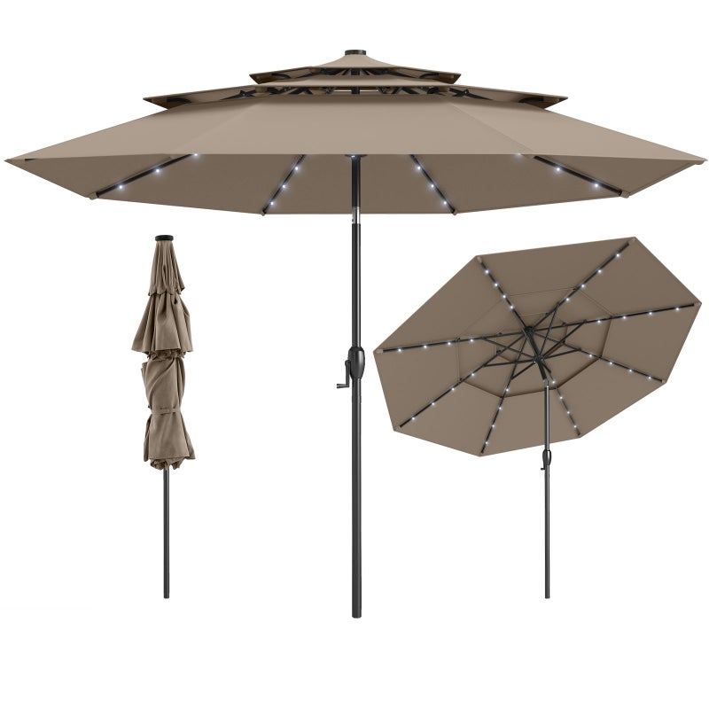 Parasol przeciwsłoneczny 300 cm z oświetleniem solarnym LED, odporny na wiatr, stabilny, parasol tarasowy z korbą, obustronnie zginany o 35°