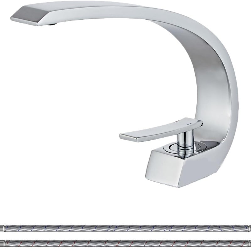 Chromowana bateria umywalkowa do łazienki z wężem doprowadzającym wodę, bateria umywalkowa jednootworowa o unikalnym wzornictwie