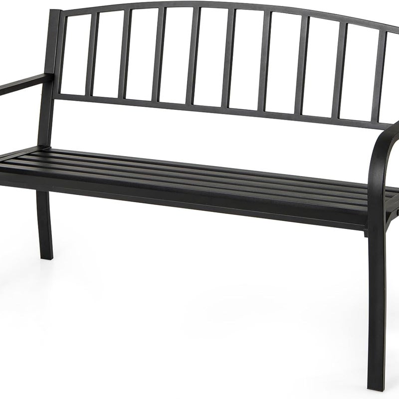 Ławka Ogrodowa na 2 Osoby, 127 x 59 x 81 cm, Metalowe Siedzisko z Oparciem, Podłokietnikami i Wygiętym Siedziskiem (Pionowe, Czarne)