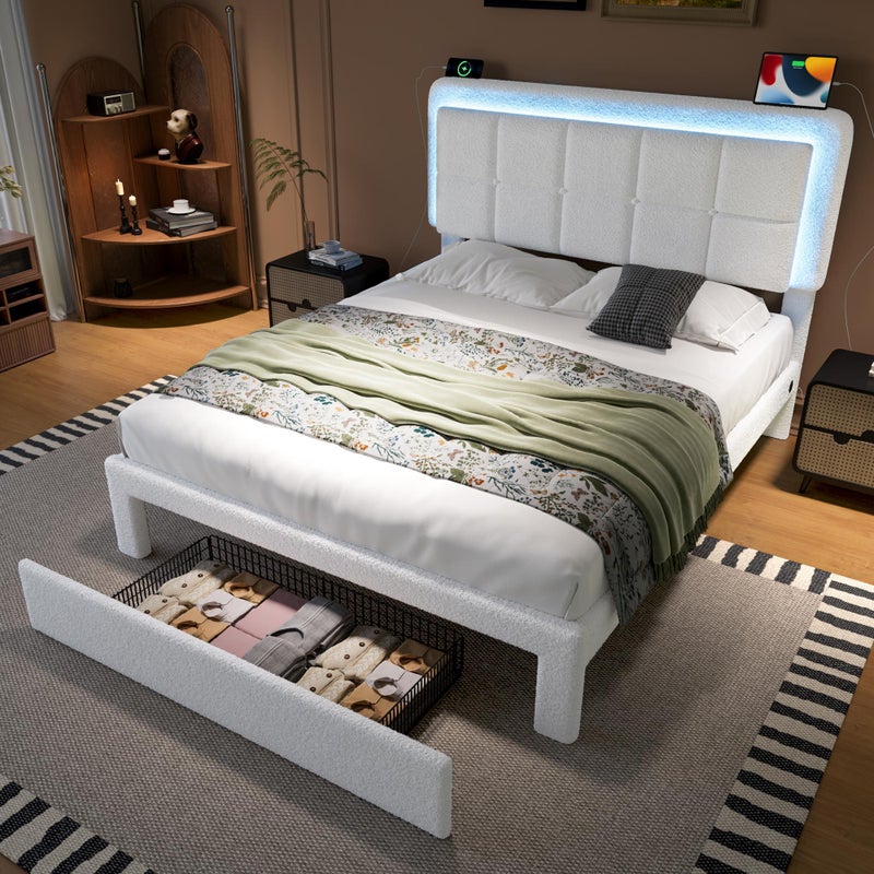 Łóżko dla dorosłych o wymiarach 140 x 200 cm z miękkim pluszowym pokrowcem, regulowanym zagłówkiem z diodami LED i portami USB