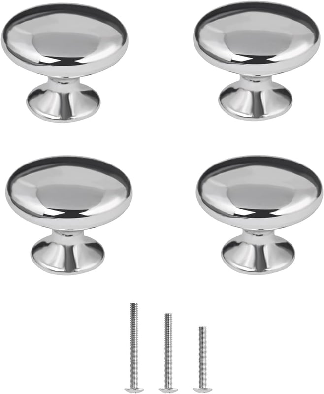 Zestaw 4 okrągłych, polerowanych, chromowanych klamek do szafek, garderób, schowków, szuflad, sypialni, łazienek, mebli itp. Średnica 30 mm - Srebrny