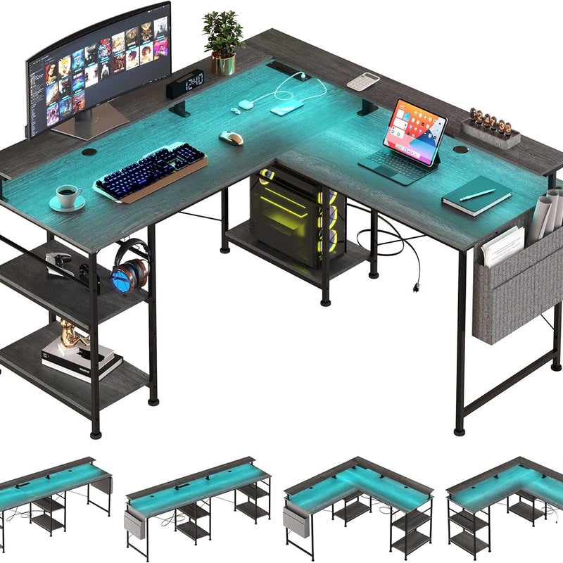 Wielofunkcyjne biurko narożne Tbfit - oświetlenie LED o 60 000 kolorów, zintegrowany zasilacz, możliwość rozbudowy do gier/pracy