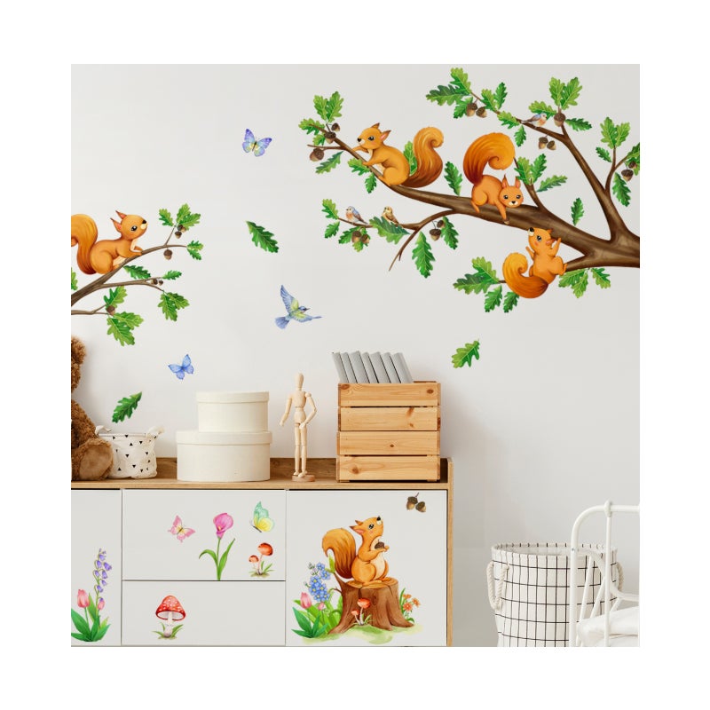 2 szt. Naklejki ścienne ze zwierzętami, naklejka ścienna z wiewiórką leśną, dekoracja ścienna dla dzieci w kształcie gałęzi drzewa, sypialnia