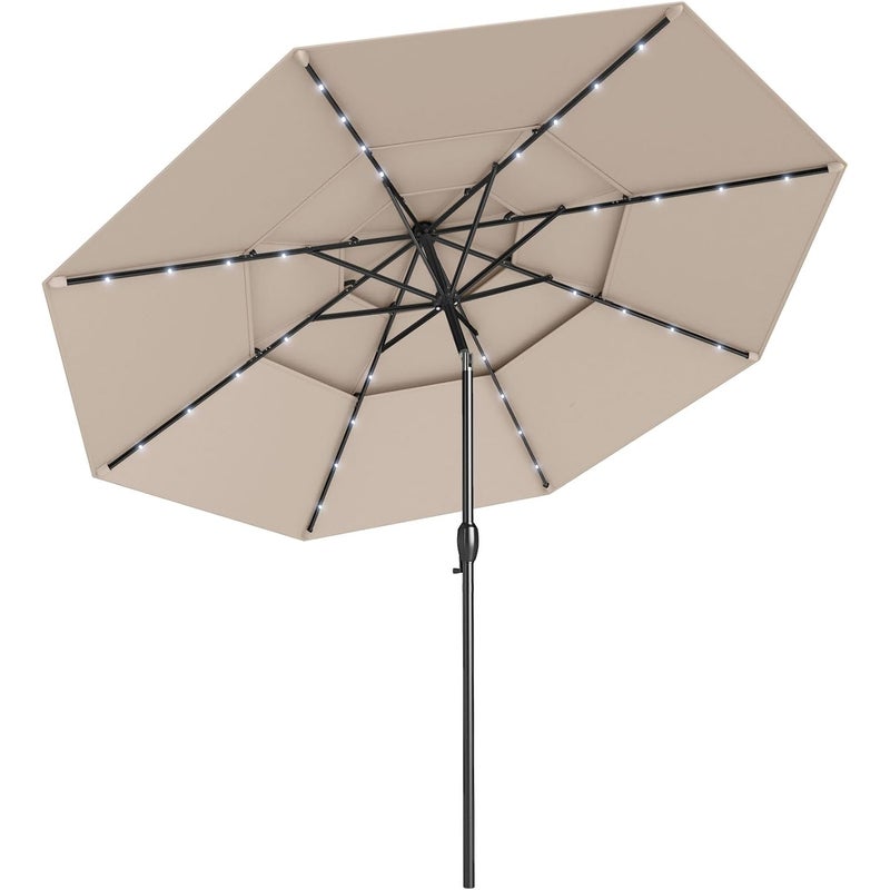 Parasol Ogrodowy z 32 Diodami LED, 3 m, Regulowanym Nachyleniem, 3-stopniowa Regulacja Wysokości, 8 Żeber, Korba, Ochrona UV (Beżowy)