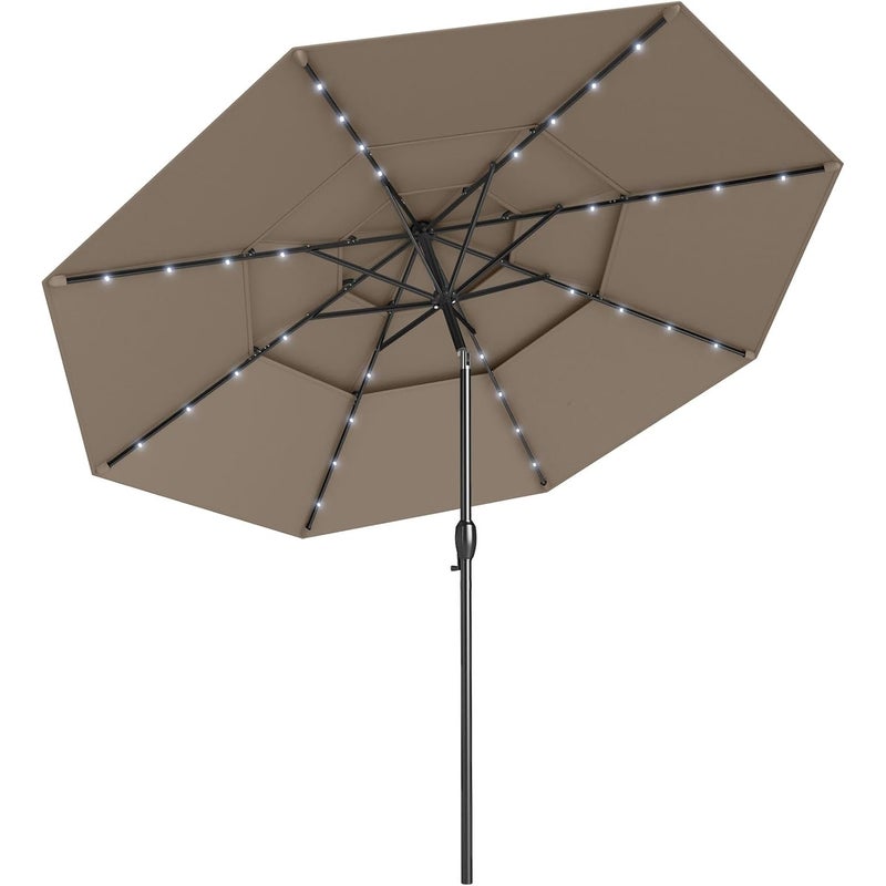 Parasol Ogrodowy z 32 Diodami LED, 3 m, Odchylany Parasol Balkonowy z 3-stopniową Regulacją Wysokości, 8 Żeber, Korba, Ochrona UV (Brązowy)