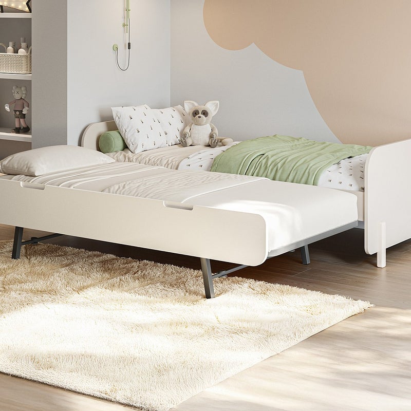 Łóżko wysuwane 2 x 90 x 190 cm - MDF i drewno sosnowe - Naturalny i beżowy + Materac - TALUDO