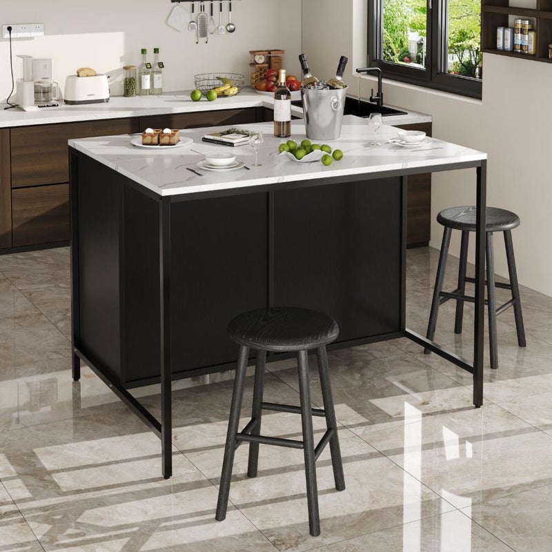 Czarny wysoki stół z marmurowym blatem, regulowane nogi, praktyczny schowek, nowoczesny design do kuchni i salonu - 100×90×90 cm