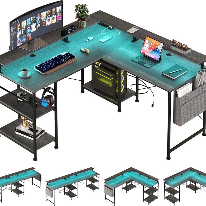 Tbfit Corner Desk L Black, biurko do gier LED RGB, zintegrowane gniazdo, obsługa monitora i 4 półki