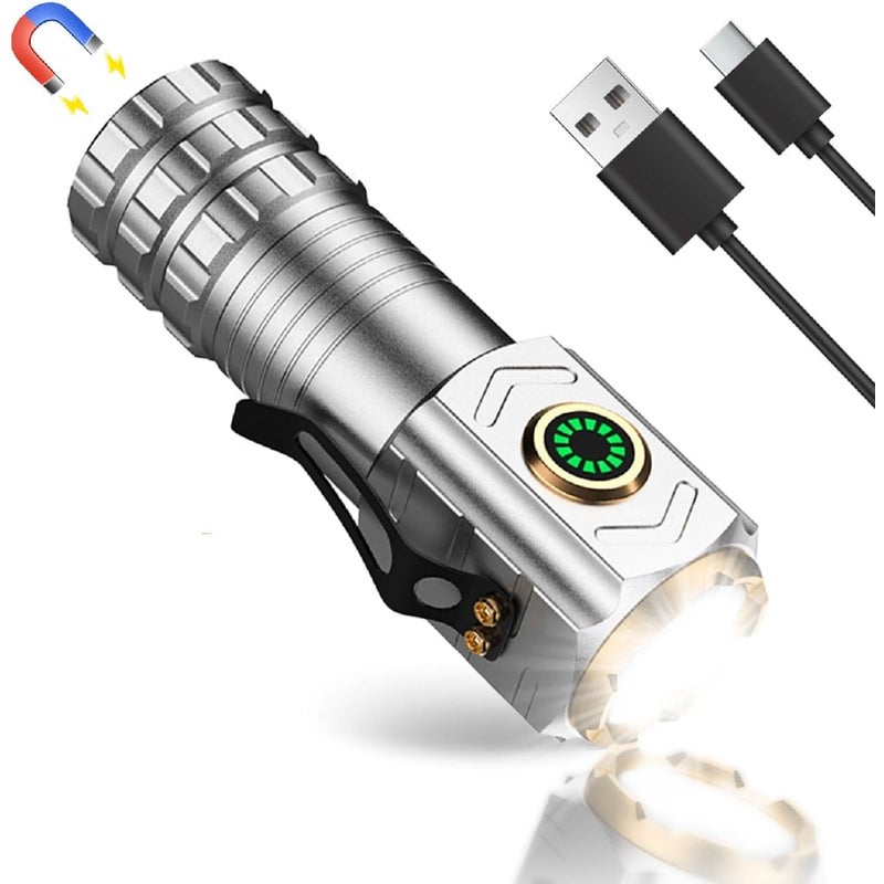 Latarka akumulatorowa srebrna o mocy 1600 lumenów, ultramocna latarka LED z 5 trybami, miniaturowa latarka magnetyczna z klipsem, wodoodporna, oświetl