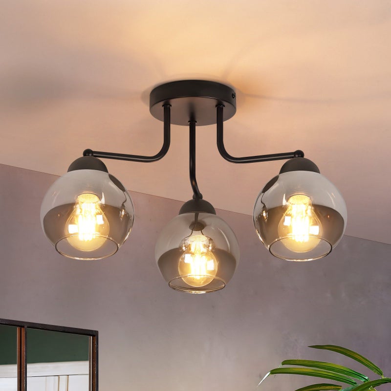 NETTLIFE Czarna szklana lampa sufitowa: lampa kuchenna w stylu vintage, lampa do przedpokoju w stylu industrialnym z 3 żarówkami E27