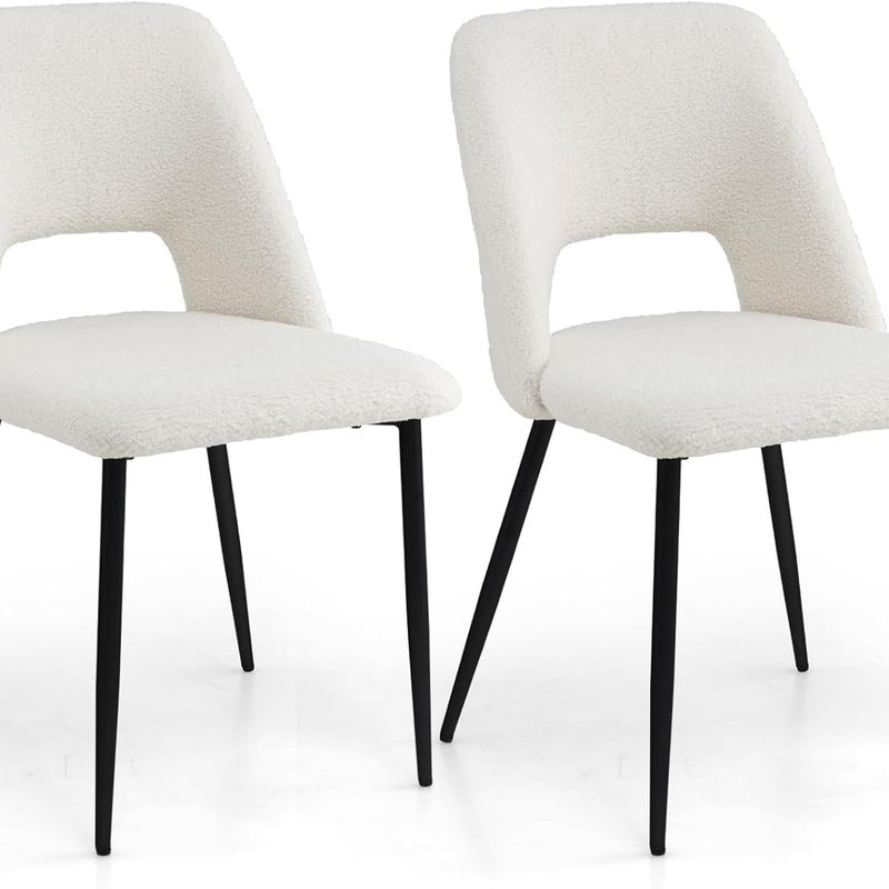 Zestaw 2 Krzeseł do Jadalni, Kuchennych, Zestaw 2 Krzeseł Tapicerowanych z Siedziskiem z Tkaniny Teddy, Oparciem z Wgłębieniem, Metalowymi Nogami