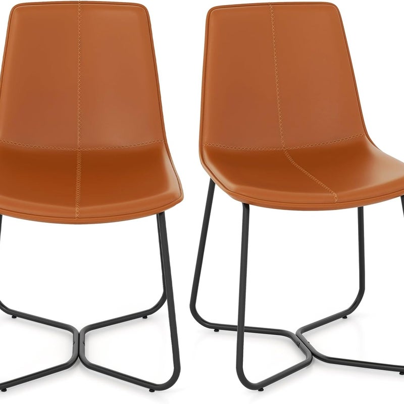 Zestaw 2 Krzeseł do Jadalni, Krzesła Kuchenne z Imitacji Skóry, Wygięte Siedzisko z Pikowaniem, Metalowa Rama, Styl Vintage Skandynawski