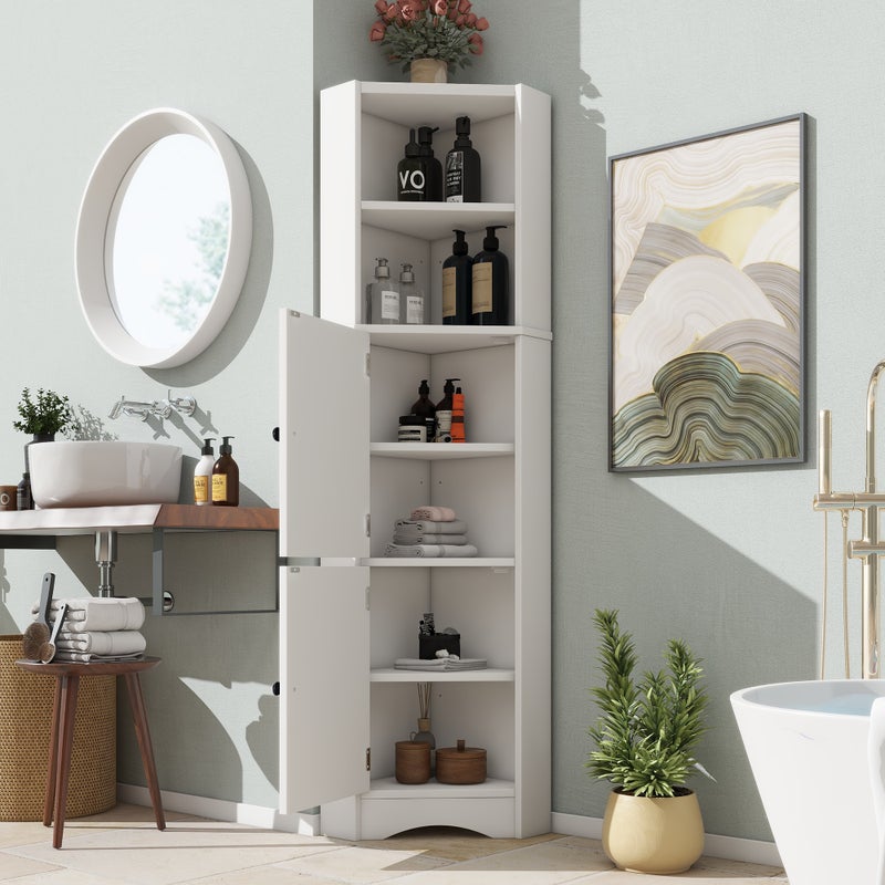 Szafka narożna łazienkowa - 2 drzwi i 2 otwarte schowki - drewno MDF - biały