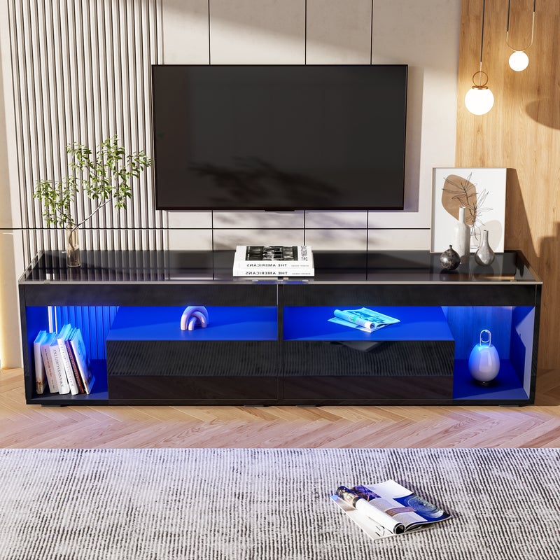 Szafka RTV z 2 szufladami i 4 przegrodami - 180 x 40 x 46 cm - Diody LED - Płyta wiórowa - Czarny połysk