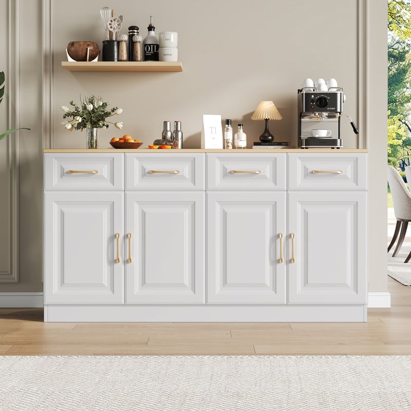 Komoda niska z 4 drzwiami i 4 szufladami - 140 x 40 x 75 cm - Płyta wiórowa - Biały i dąb