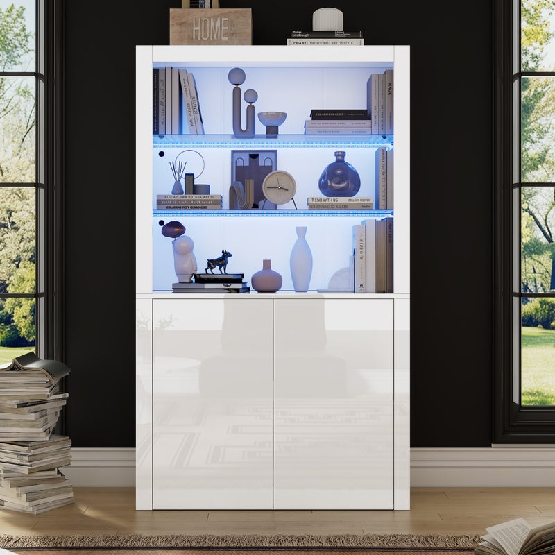 Komoda wysoka z 2 drzwiami i 3 otwartymi półkami - 100 x 35 x 170 cm - diody LED - blat z płyty MDF i szkła - biała