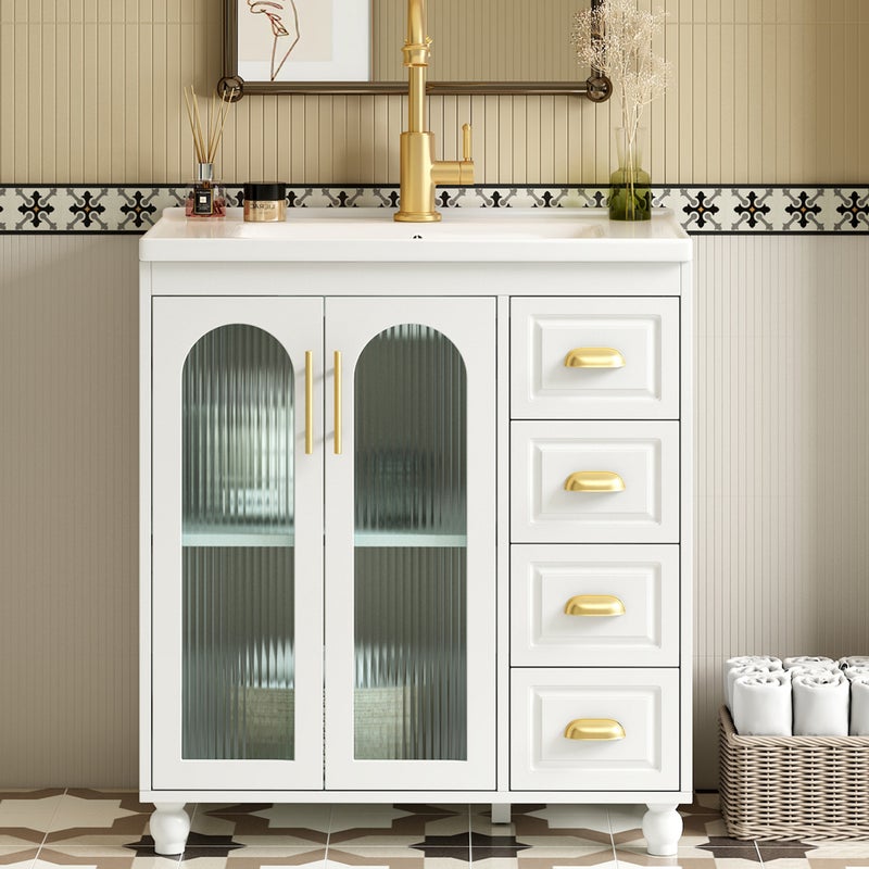 Szafka łazienkowa pod umywalkę, szafka dolna z umywalką ceramiczną - 2 drzwi i 4 szuflady - 80 x 47 x 90 cm - MDF - biała