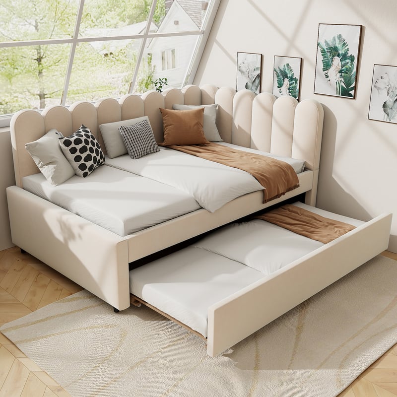 Łóżko wysuwane 140 x 200 cm + 90 x 190 cm z wezgłowiem i oparciem w kwiaty, sofa rozkładana - Aksamit - Beż (Bez materaca)