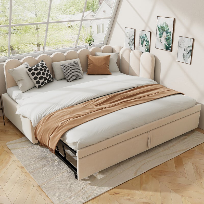 Łóżko wysuwane 90/180 x 200 cm z wezgłowiem, Sofa rozkładana - Aksamit - Stelaż listwowy - Beżowy (Bez materaca)