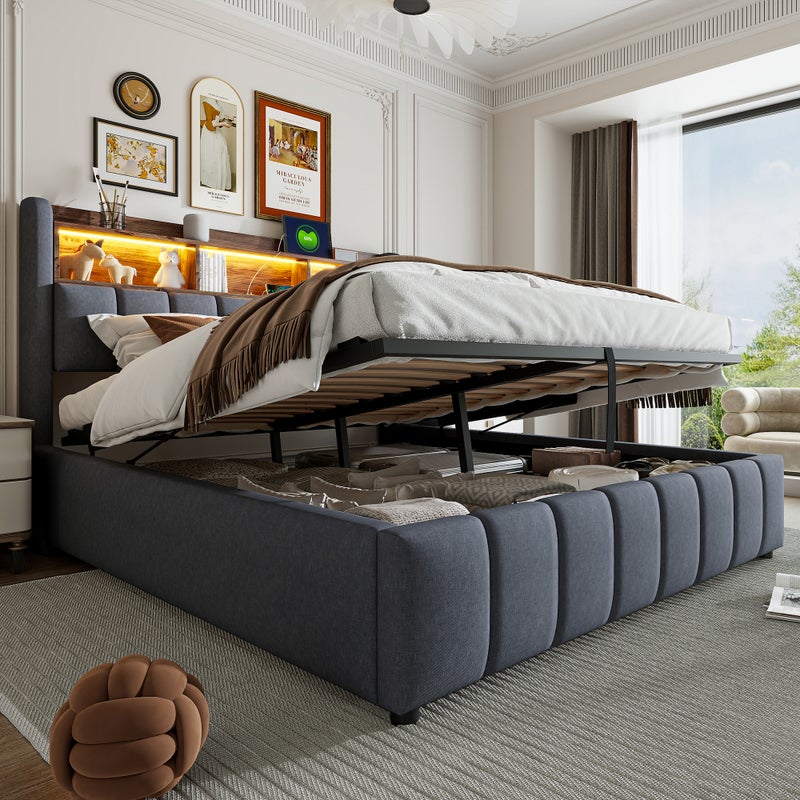 Łóżko ze schowkiem 180 x 200 cm z zagłówkiem i półkami do przechowywania - diody LED i port USB - tkanina lniana - szare (bez materaca)