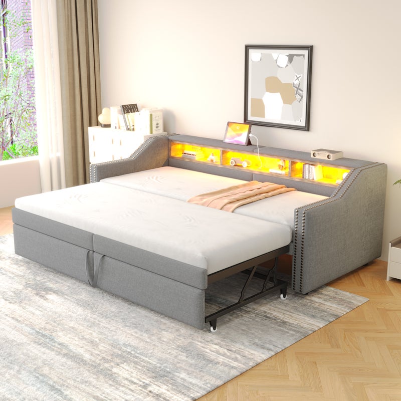 Łóżko wysuwane 90/180 x 200 cm ze schowkiem - diody LED i porty USB - stelaż z listew - jasnoszary (bez materaca)