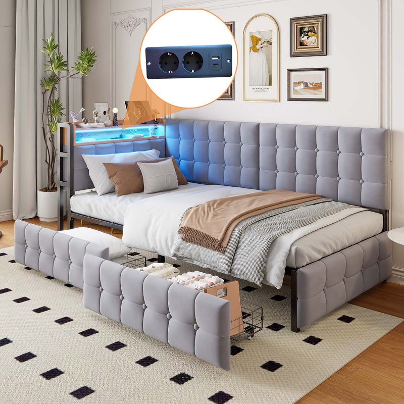 Łóżko tapicerowane 90 x 200 cm z 2 szufladami, sofa rozkładana - LED, gniazda USB i Type-C - Aksamit - Jasnoszary (Bez materaca)