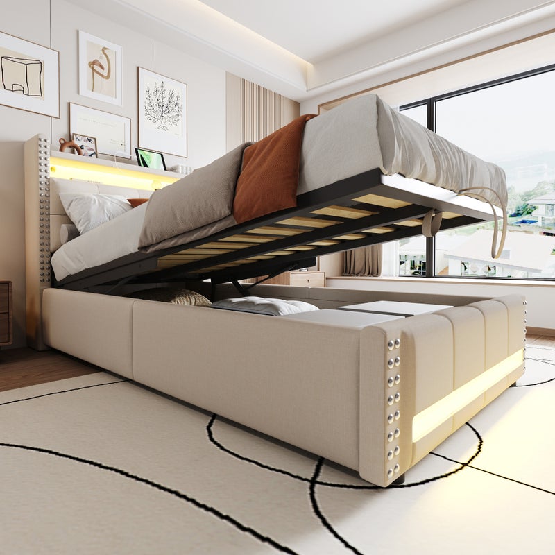 Łóżko z pojemnikiem 90 x 200 cm z zagłówkiem i półką do przechowywania - diody LED i port USB - tkanina lniana - beżowy (bez materaca)