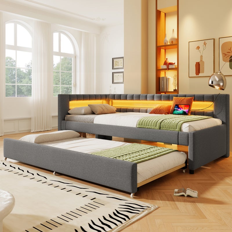 Łóżko wysuwane 90 x 200 cm + 90 x 190 cm z zagłówkiem - Ładowanie USB i typu C oraz diody LED - Tkanina lniana - Szary (bez materaca)