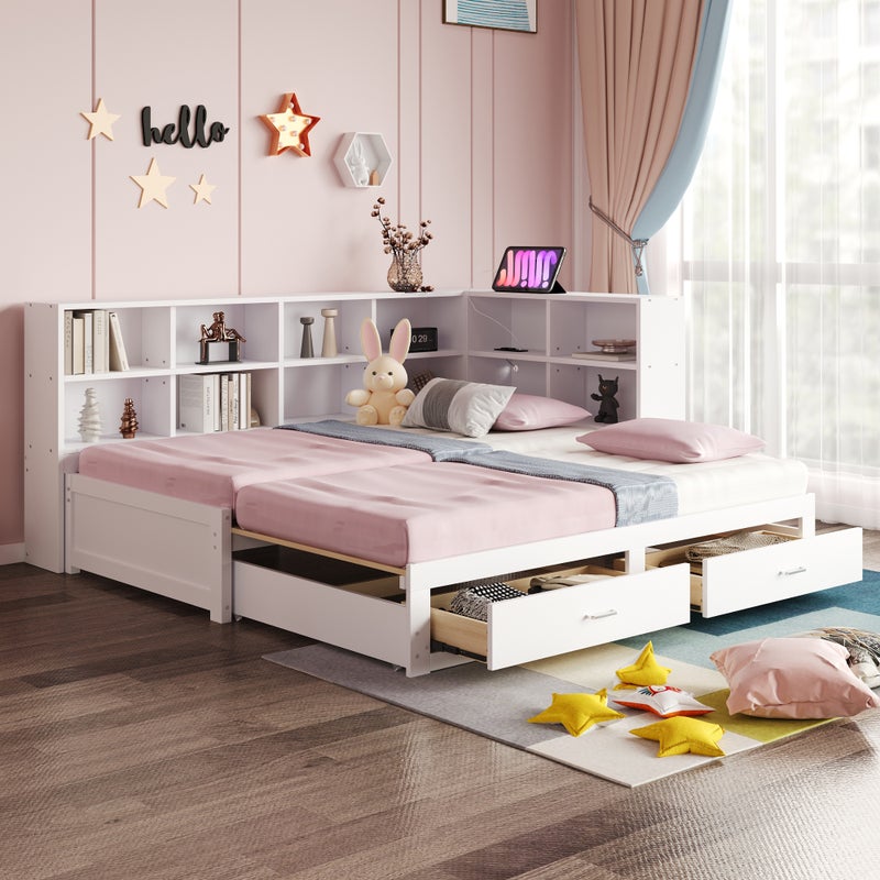 Łóżko wysuwane 90/180 x 190 cm cm z 2 szufladami i schowkami, sofa rozkładana - Sosna + sklejka + MDF - Biały (Bez materaca)