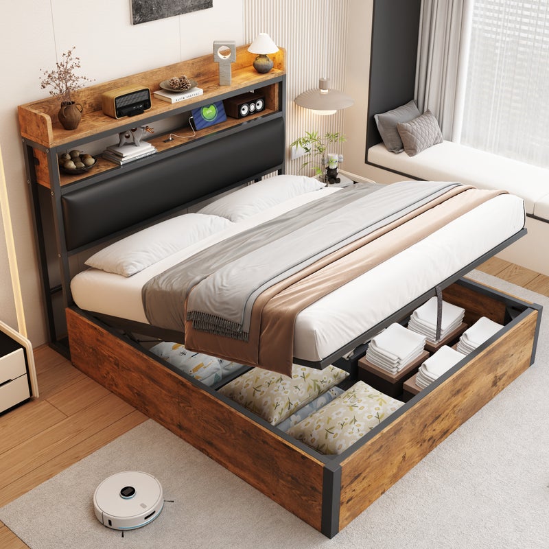 Łóżko z pojemnikiem 140 x 200 cm z zagłówkiem i półkami do przechowywania - gniazda USB i typu C - MDF i metal - czarno-brązowe (bez materaca)