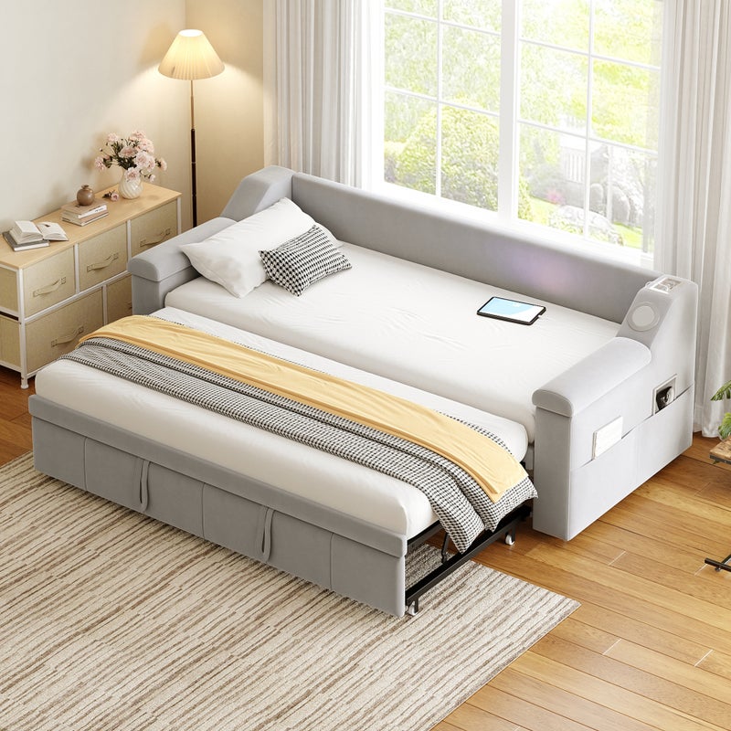 Łóżko wysuwane 90/180 x 190 cm ze schowkiem, rozkładana sofa - system stereo Bluetooth i port USB - aksamit - jasnoszary (bez materaca)