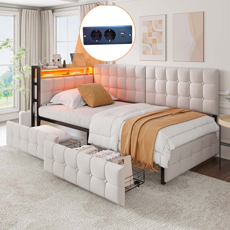 Łóżko tapicerowane 90 x 200 cm z 2 szufladami i miejscem do przechowywania, sofa rozkładana - LED, gniazda USB i typu C - Aksamit - Beż (Bez materaca)