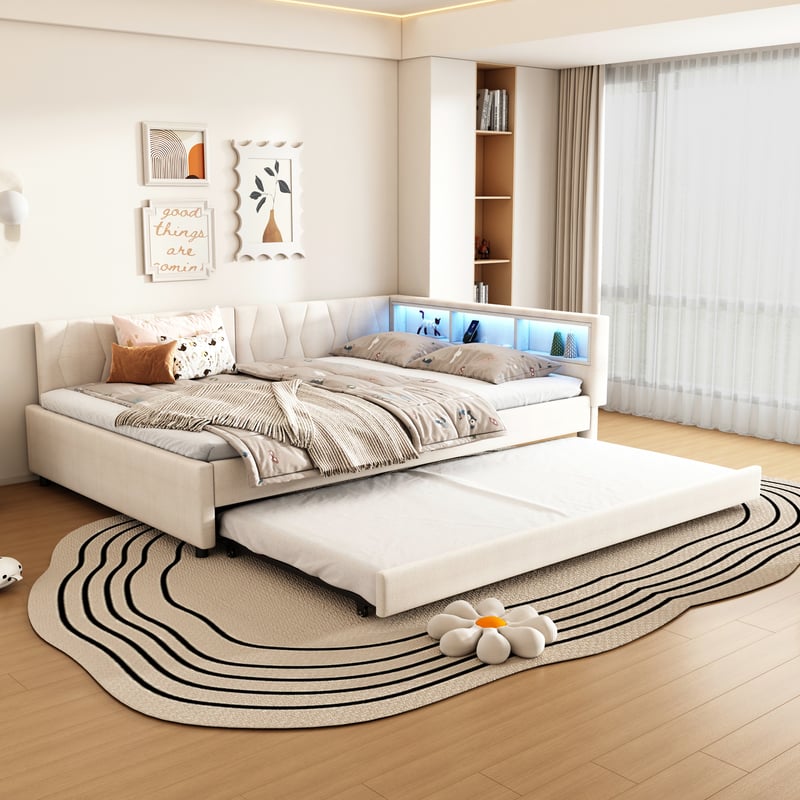 Łóżko wysuwane 140 x 200 cm + 90 x 190 cm z wezgłowiem i przegródkami - Ładowanie USB i typu C oraz diody LED - Tkanina lniana - Beżowy (bez materaca)