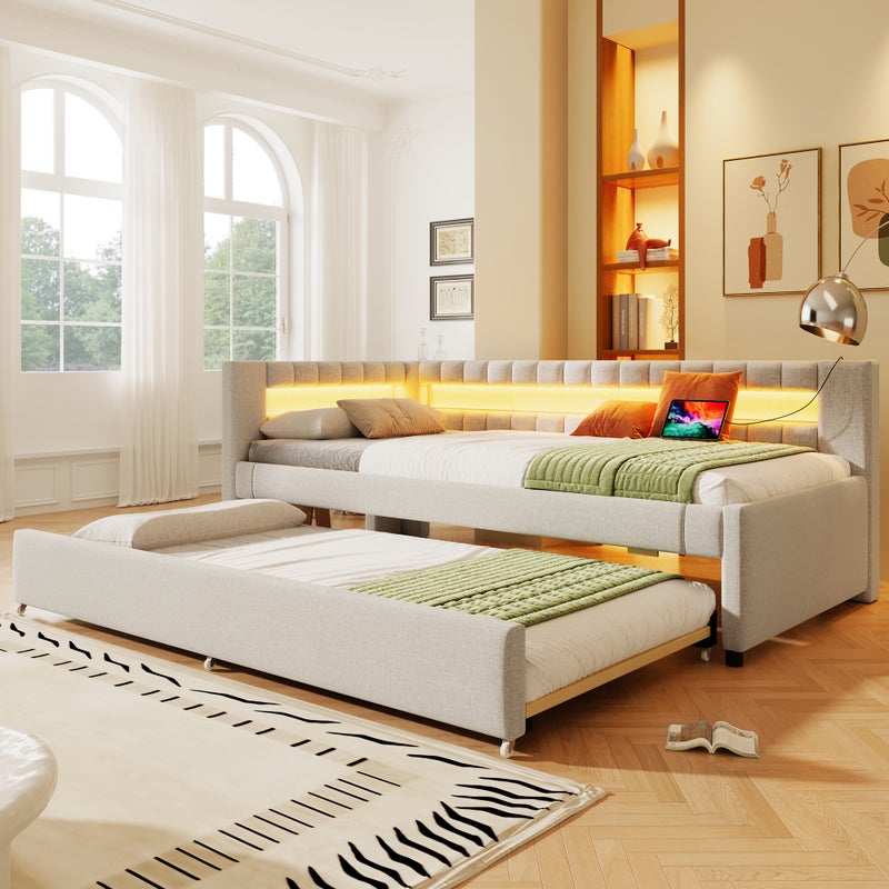 Łóżko wysuwane 90 x 200 cm + 90 x 190 cm z zagłówkiem - Ładowanie USB i typu C oraz diody LED - Tkanina lniana - Beżowy (bez materaca)