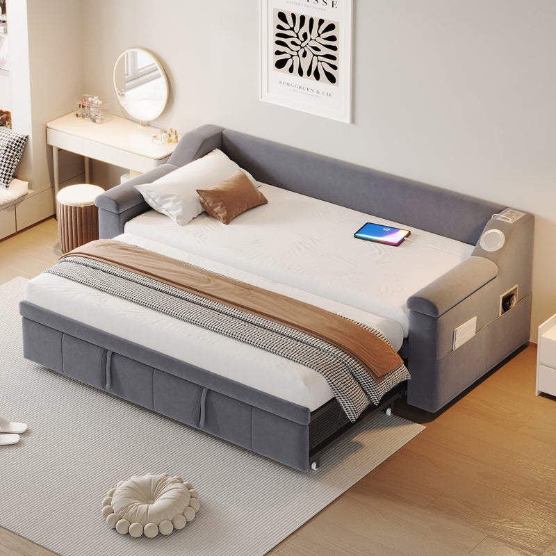 Łóżko wysuwane 90/180 x 190 cm ze schowkiem, rozkładana sofa - system stereo Bluetooth i port USB - aksamit - szary (bez materaca)