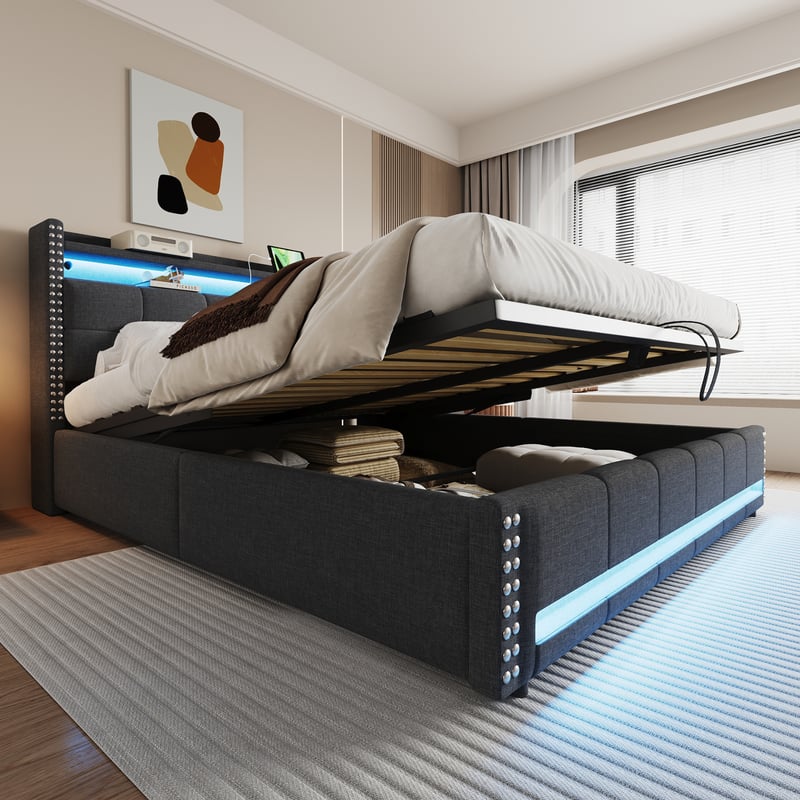 Łóżko ze schowkiem 180 x 200 cm z zagłówkiem i półką do przechowywania - diody LED i port USB - tkanina lniana - szare (bez materaca)