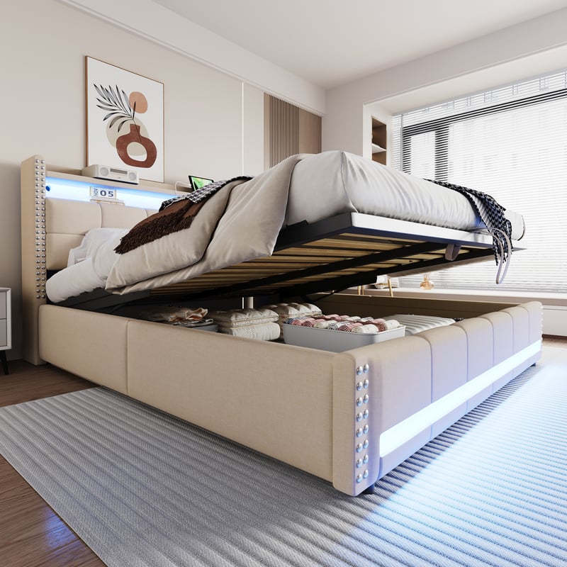 Łóżko ze schowkiem 180 x 200 cm z zagłówkiem i półką do przechowywania - diody LED i port USB - tkanina lniana - beżowy (bez materaca)