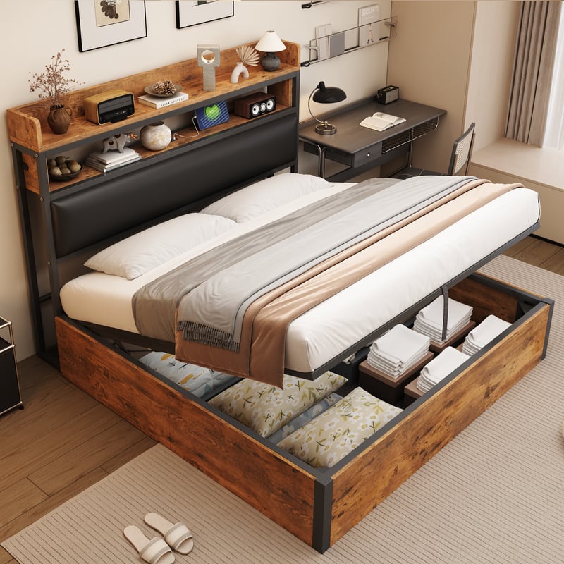 Łóżko ze schowkiem 180 x 200 cm z zagłówkiem i półkami do przechowywania - gniazda USB i typu C - MDF i metal - czarno-brązowe (bez materaca)