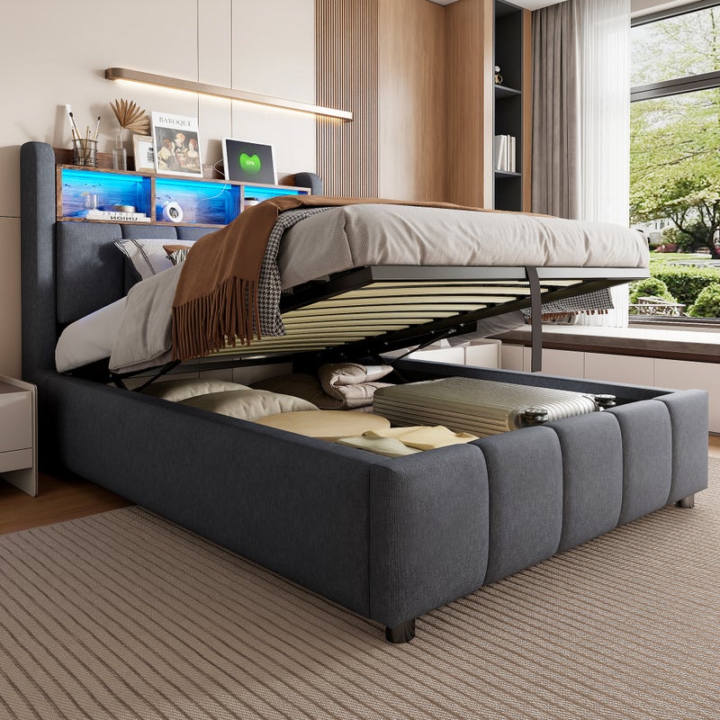 Łóżko z pojemnikiem 90 x 200 cm, zagłówkiem i półkami do przechowywania - diody LED i port USB - tkanina lniana - szare (bez materaca)