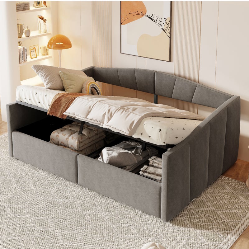 Łóżko z pojemnikiem 140 x 200 cm, z wezgłowiem i podłokietnikami, sofa rozkładana - Aksamit - Szary (Bez materaca)