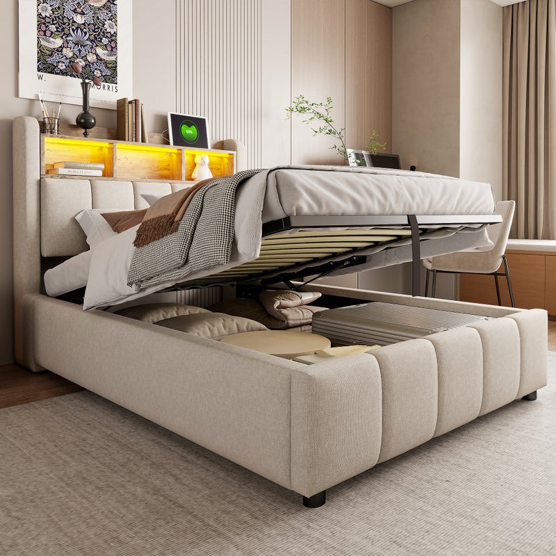 Łóżko z pojemnikiem 90 x 200 cm z zagłówkiem i półkami do przechowywania - diody LED i port USB - tkanina lniana - beżowe (bez materaca)