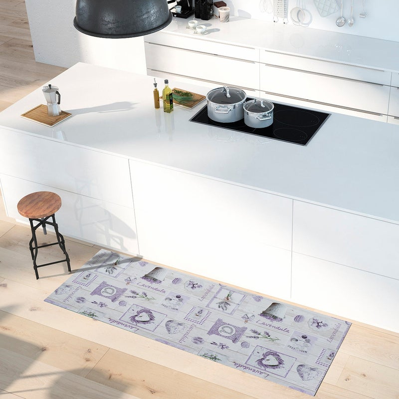 Prostokątny liliowy dywanik kuchenny 48 x 200 cm z roślinnym wzorem SALLY - ATTICGO