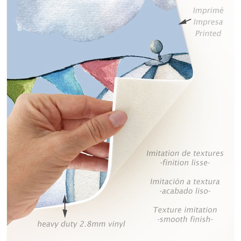 Dywan winylowy dla dzieci Balony i samoloty 66x180 cm - Antypoślizgowy PVC, winyl do pokoju dziecięcego, ognioodporny i zmywalny.